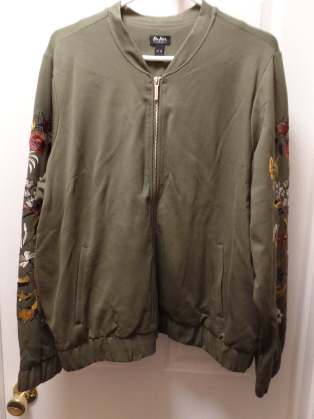 *NWoT* Du Jour XL 18 20 Zip Front OLIVE Embroidered Ponte Knit Bomber Jacket